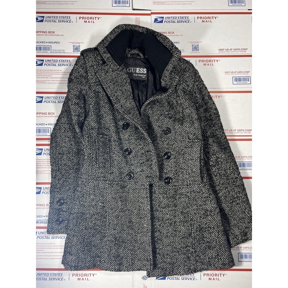 Vintage Guess Womens S Black Woven Wool Blend Pea Coat‎ Pockets Lined Jacket